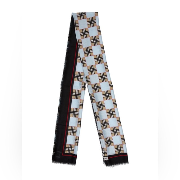 Burberry Silk Plaid with light blue and black Nova check pattern fringe Scarf
